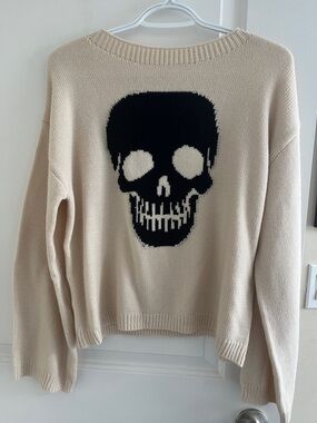 Beige Sweater with Black Skull Graphic